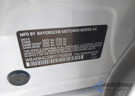 2015 BMW 650I Gran Coupe xDrive z USA, uszkodzony, nr VIN WBA6B4C58FD760839